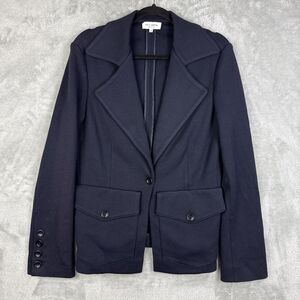 Ter et Bantine Women's Jacket Size 48 Navy Wool Blend Long Blazer Pockets Luxury